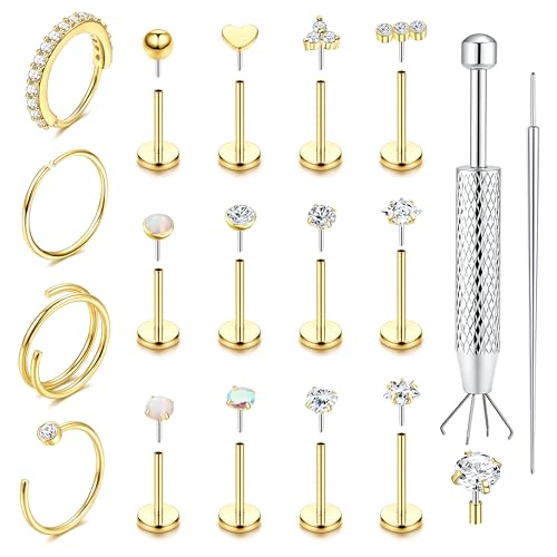 ORAZIO 14K Gold Filled Nose Rings Studs Hoops for Women Men 20G 18G Hypoallergenic Surgical Steel Push in Threadless Flat Back Earrings CZ Helix Tragus Lip Cartilage Medusa Nostril Piercing Jewelry - color: 14K Gold Plating, size: 20g=0.8mm