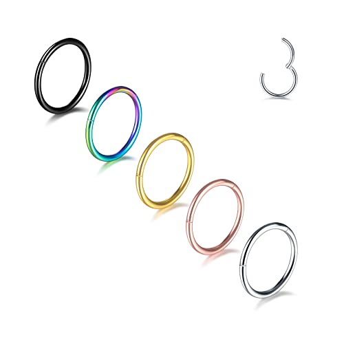 Aumeo 14G 16G 18G 20G Nose Ring Hoop Stainless Steel Hinged Segment Rings Hoops Nose Clicker Ring Tragus Helix Cartilage Daith Rook Earring Piercing Jewelry for Women Men - style: 5pcs 18g 7mm Mixed Colors