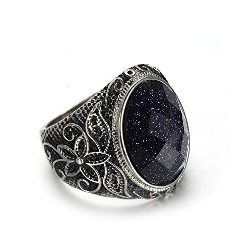 Retro Unisex Stainless Steel Oval Gemstone Hollow Flower Carved Signet Ring - color: Silver-Blue