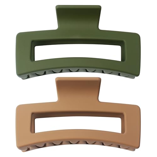 XXL Jumbo Rectangle Claw Clips for Thick Hair - Strong Hold Hair Clips | Rectangle Design | Matte Finish | Non Slip | Wide Opening | 2 Pack (Green & Khaki) - color: Green & Khaki