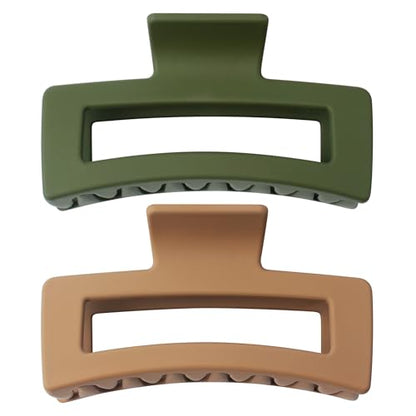 XXL Jumbo Rectangle Claw Clips for Thick Hair - Strong Hold Hair Clips | Rectangle Design | Matte Finish | Non Slip | Wide Opening | 2 Pack (Green & Khaki) - color: Green & Khaki