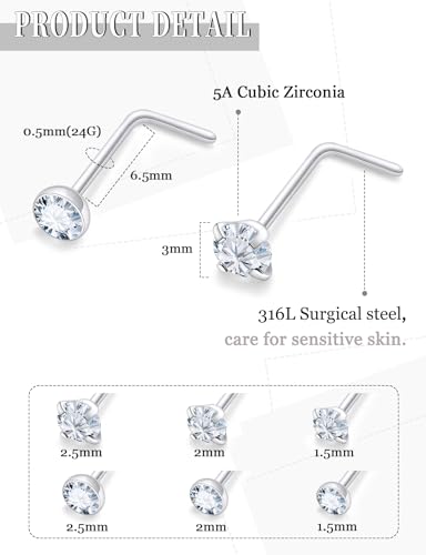 18G 20G 22G Round Cubic Zirconia Nose Rings Studs for Women Men 316L Stainless Surgical Steel Nose Ring Stud Piercing Jewelry Silver Gold Clear CZ 1.5mm 2mm 2.5mm 3mm - style: 24G (Thin) L Shaped Silver