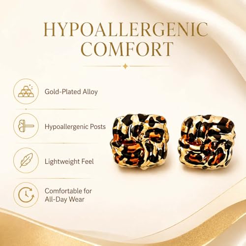 Golden Geometric Leopard Print Earrings for Women,Retro Gold Plated Square and Triangle Studs,Hypoallergenic Statement Jewelry,Fashion Animal Print Accessories Earring for Everyday & Party Wear - color: Square Leopard
