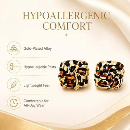 Golden Geometric Leopard Print Earrings for Women,Retro Gold Plated Square and Triangle Studs,Hypoallergenic Statement Jewelry,Fashion Animal Print Accessories Earring for Everyday & Party Wear - color: Square Leopard