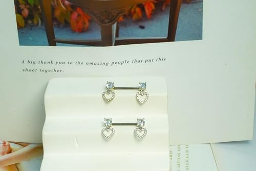 HQLA 14G Dainty CZ Love Heart Nipple Rings Tongue Ring Surgical Steel Nipple rings Piercing Women Barbells 2Pcs 25/8"(16mm) - style: Silver - Style D - Dangle CZ Love