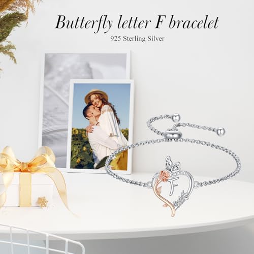 TOUPOP Gifts for Women Rose Heart Initial Bracelet 925 Sterling Silver Butterfly Letter Link Bracelet Love Jewelry Anniversary Birthday Gifts for Wife Girlfriend Mom Her - style: Initial F