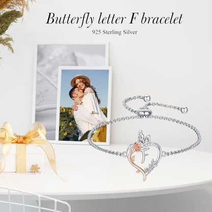 TOUPOP Gifts for Women Rose Heart Initial Bracelet 925 Sterling Silver Butterfly Letter Link Bracelet Love Jewelry Anniversary Birthday Gifts for Wife Girlfriend Mom Her - style: Initial F