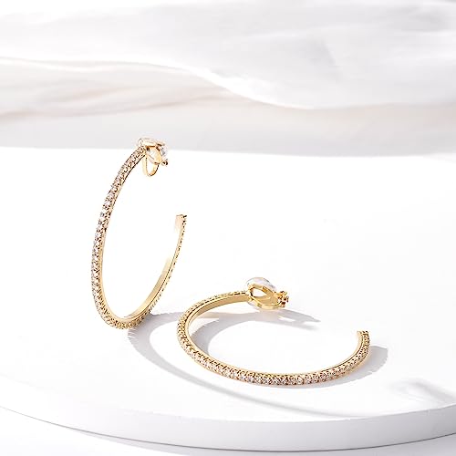 YOQUCOL 4.3CM(1.7in) Clip On Hoop Earrings Cubic Zirconia Non Pierced Ears Hoops for Women - color: 55MM-Gold