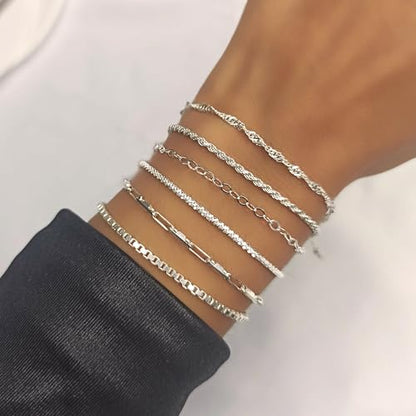 Sterling Silver Chain Bracelets for Women - Dainty 925 Silver Adjustable Bracelets, Minimalist Layering Jewelry, Stackable Chain Styles - style: H