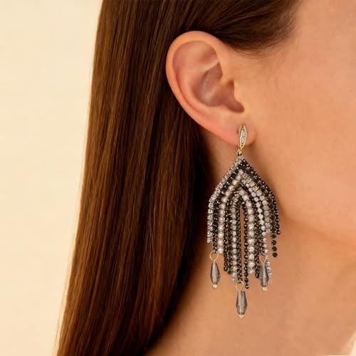 Fringe Dangling Tassel Earrings for Women, Handcrafted Chandelier Long Bohemian Beaded Cubic Zirconia Crystal Imitation Pearls Inlay Statement Boho Chain Hook Earrings for Wedding Party - color: Black Gold Hook