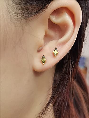 Minimalist Green Peridot 925 Sterling Silver Small Stud Earrings for Women Gold-Tone Tiny Mini Crystal Birthstone Studs Cartilage Tragus Post Hypoallergenic Piercing Birthday Jewelry Gifts