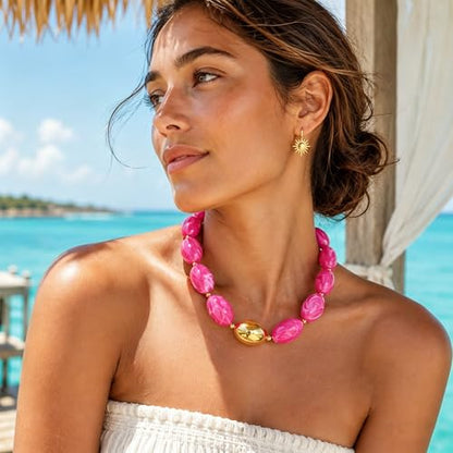 Chunky Beads Necklace for Women Trendy Gold Puffy Heart Choker Necklace Colorful Resin Beaded Heart Pendant Necklaces Statement Jewelry - color: Oval Beads-Rose Red