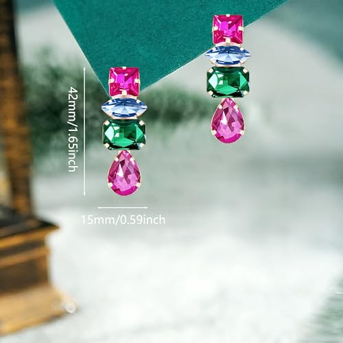 Dainty Sparkly Crystal Square Teardrop Circle Dangle Drop Earrings Long Chic Glitter Rhinestones Geometry Stud Earrings For Women - style: Rose Red Blue Green