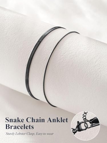 U7 Silver/Gold/Black Ankle Bracelets for Women Layered Chain Anklets | Stainless Steel Anklets Waterproof Summer Beach Anklet Charm, Adjustable 8.5"-10.5",Layered Anklet Fashion - color: Black - Flat Snake Chain+Snake Chain