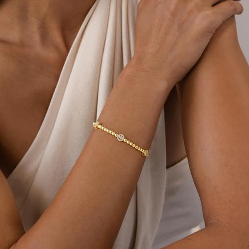 M MOOHAM Gold Beaded Charm Bracelets for Women Girls Non Tarnish | 14K Gold Plated, Dainty CZ Heart Smile Face Cross Charm Stretch Bead Bracelet for Women Teenage Teen Girls - color: Smile CZ