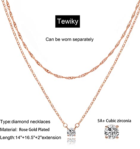 Tewiky Dainty 14k Gold Plated/Silver Cubic Zirconia Necklaces for Women, Simple CZ Jewelry Necklaces Trendy Gifts - color: Rose gold layer chain CZ