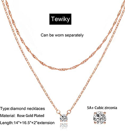 Tewiky Dainty 14k Gold Plated/Silver Cubic Zirconia Necklaces for Women, Simple CZ Jewelry Necklaces Trendy Gifts - color: Rose gold layer chain CZ