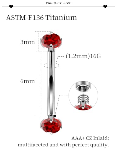16G Astm F136 Titanium Eyebrow Piercing Jewelry Curved Barbell Eyebrow Ring Vertical Labret Lip Jewelry Daith Rook Earrings Navel Small Belly Button Ring Piercing Jewelry for Women Men CZ - style: 16G, 6MM Length, Red CZ