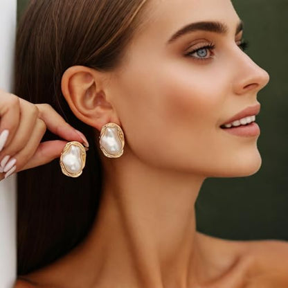 Boho Pearl Statement Earrings for Women Irregular Pearl Earrings | Big Round Freshwater Pearls Bridal Gold Earring Beach Ocean Vacation Jewelry - style: A Style