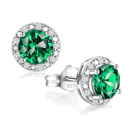 Dainty Birthstone Earrings for Women Sterling Silver Small Stud Earrings with Halo Cushion/Round Created Gemstone Earrings Birthstone Jewelry - style: B 05. May/created emerald-round cut