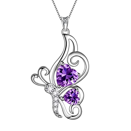 Butterfly Heart Necklace Birthstone Pendant Necklace Earrings Bracelet Women 925 Sterling Silver Animal Butterflies Birthstone Pendant Crystal Birthday Jewelry Wedding Gift - color: B.February-necklace