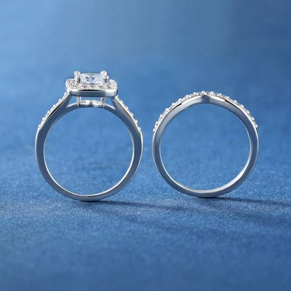 MDFUN 18K White Gold Plated Cubic Zirconia Two-in-One Halo Wedding Engagement Promise Eternity Ring for Women
