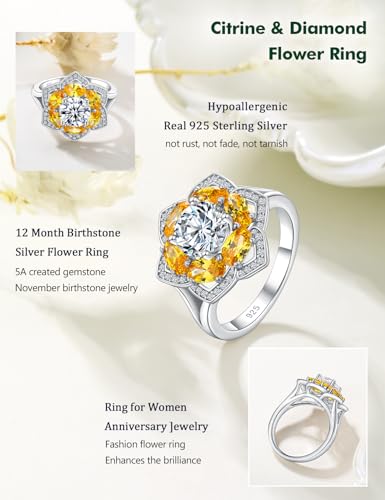 Flower Engagement Promise Ring Sterling Silver Birthstone Rings for Women Sapphire/Emerald/Ruby Gemstone Six Leaf Clover Statement Cocktail Ring Size 6 to 10 - style: 11. November-Created Citrine