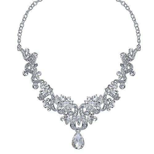 Jewelry Set for Women, Statement Necklace Dangle Earrings Bracelet Ring, White/KC Gold Plated Jewelry Set with Rhinestone Pearl Crystal Wedding Party Jewelry for Bridal Bridesmaid - color: Set001-Style2-White-Platinum Plated