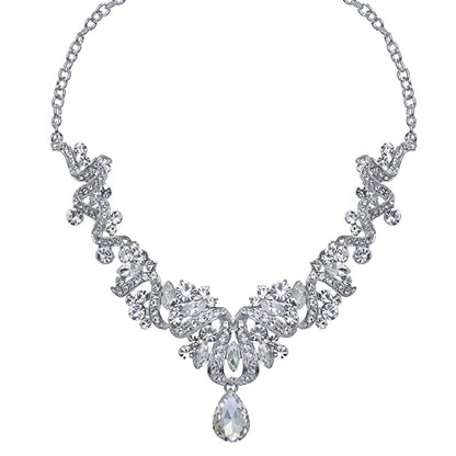 Jewelry Set for Women, Statement Necklace Dangle Earrings Bracelet Ring, White/KC Gold Plated Jewelry Set with Rhinestone Pearl Crystal Wedding Party Jewelry for Bridal Bridesmaid - color: Set001-Style2-White-Platinum Plated