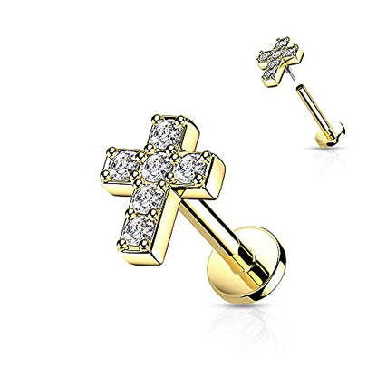 Covet Jewelry 6 CZ Cross Top with Internally Threaded Surgical Steel Flat Back Studs with Extended Threading for Labret, Monroe, Cartilage and More - style: 16GA, L: 1/4" (6mm), Gold