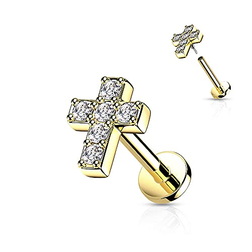 Covet Jewelry 6 CZ Cross Top with Internally Threaded Surgical Steel Flat Back Studs with Extended Threading for Labret, Monroe, Cartilage and More - style: 16GA, L: 5/16" (8mm), Gold