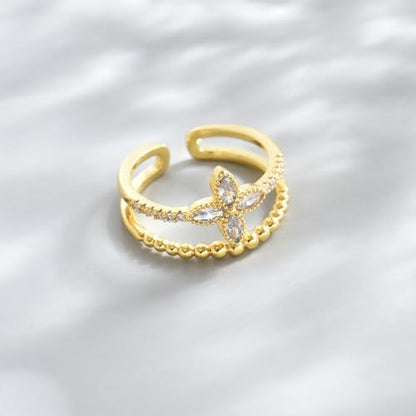 Adjustable Rings for Women 18K Gold Plated daisy Flower Butterfly Ball Cubic Zirconia Rings Dainty Open Stacking Ring - color: Flower CZ-Gold
