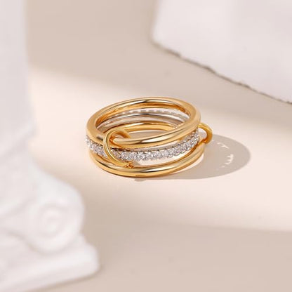 18K Gold Plated Stackable Rings for Women CZ Mixed Metal Statement Rings Set Non Tarnish Interlocked Stacked Ring Unique Connected Band Thumb Ring Fashion Multi-layer Wedding Ring Jewelry Size 6-10 - style: Gold Style A