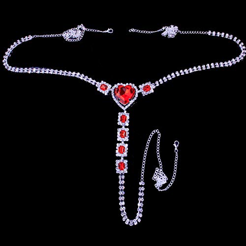 Sexy Red Rhinestone Panties Thong Crystal Heart Pendant Waist Belly Chain Bikini Body Chain Jewelry Rhinestone Underwear G-String Chain for Women(Silver 2)