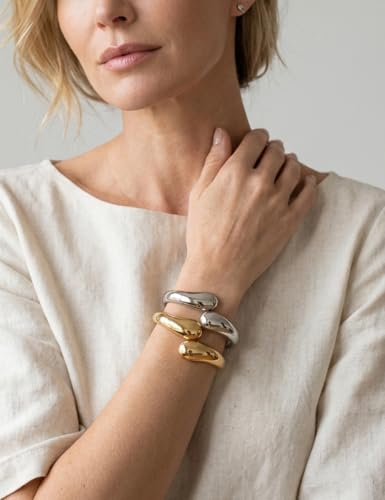 Chunky Gold Bangle Bracelets for Women, Dainty 14k Gold Plated Big Stackable Bangles Set, Trendy Statement Cuff Bracelet Stack Fashion Jewelry Gifts - style: 2 Silver & gold dome bangles