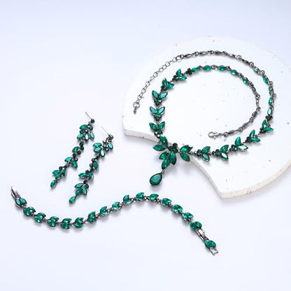 EVER FAITH Marquise Crystal Leaf Bridal Prom Jewelry Set for Women Bride | Rhinestone Wedding Party Necklace Dangle Earrings Tennis Bracelet, for Bridesmaid - color: Green Black-Tone