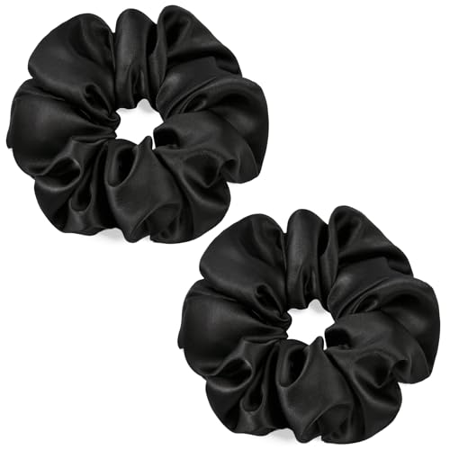2 PCS Black Jumbo Satin Silky Scrunchies 6.5 Inches Oversized Scrunchie Extra Large Big Hair Ties Ponytail Holder for Thick Curly Hair Women (Black) - color: Black