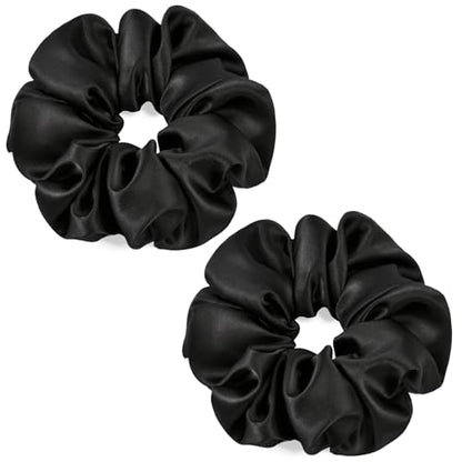 2 PCS Black Jumbo Satin Silky Scrunchies 6.5 Inches Oversized Scrunchie Extra Large Big Hair Ties Ponytail Holder for Thick Curly Hair Women (Black) - color: Black