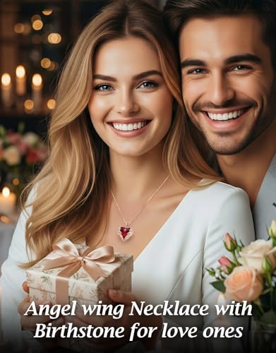 CDE Angel Wings Heart Birthstone Pendant Necklace Gift for Women | Silver/Gold Tone,Ideal Birthday & Anniversary Jewelry Gift for Wife,Girlfriend,Her - color: Rose Gold-01&07-Ruby Red Birthstone