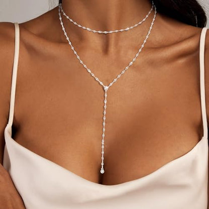 Airmb Lariat Silver/Gold Necklace for Women 925 Silver/14K Gold Plated Dainty Long Necklace Y-Shaped Drop Pendant Necklaces Choker Trendy Chain Simple Layered Necklaces CZ Jewelry for Women Set Gift