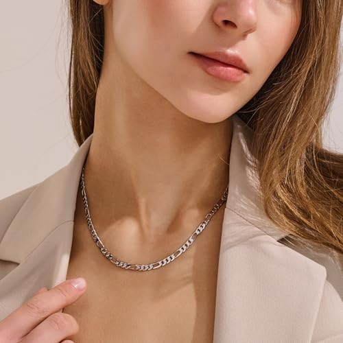 925 Sterling Silver Figaro Chain Necklace for Women and Men, 4mm Hypoallergenic Nickel-Free Silver Necklace Chain, Lobster Clasp Mens Chains Durable Waterproof Gift Ready Jewelry - size: 16 IN
