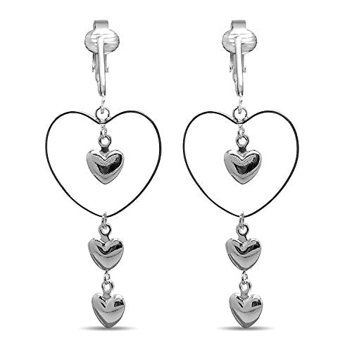 Silver Clip On Earrings For Women, They Look Pierced, Don't Pinch & Won't Fall Off, Hypoallergenic & Lightweight - color: Silver Heart Dangle