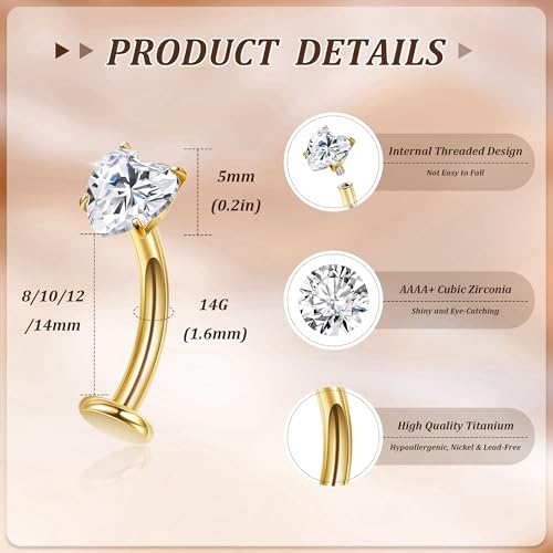 NICEIGHT 14G F136 Pure Titanium Floating Belly Button Rings for Women Petite Flat Back CZ Belly Rings Opal Barbell Heart Curved Navel Ring Internally Threaded Belly Piercing Jewelry 8/10/12/14mm - color: Gold-Heart CZ, size: 12mm (Slightly Longer)