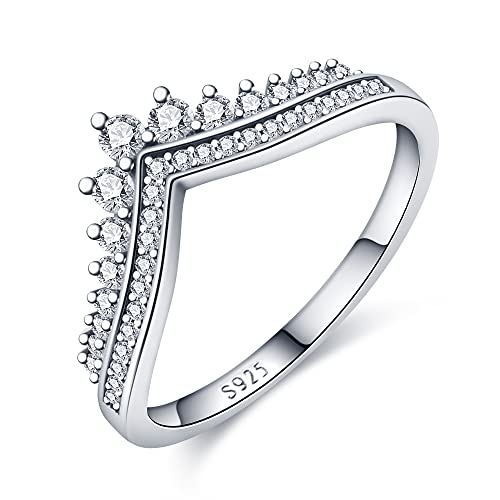 KUNSIR 925 Silver Cubic Zirconia Ring Size 7-9 Wedding Band Sterling Silver Eternity Ring Modern Style - style: Clear Zircon wishing bone Ring