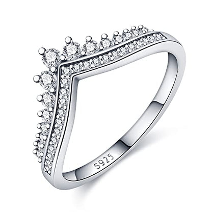 KUNSIR 925 Silver Cubic Zirconia Ring Size 7-9 Wedding Band Sterling Silver Eternity Ring Modern Style - style: Clear Zircon wishing bone Ring