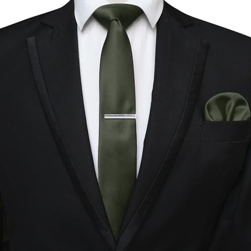 JEMYGINS 2.4" Solid Color Skinny Tie and Pocket Square with Tie Clip Sets for Men (6cm) - color: Olive Green