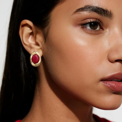 Jean Beau Chunky Gold Stone Stud Earrings for Women, Trendy Natural Gemstone Hypoallergenic Earing Valentine Jewelry Gift - color: Fuchsia