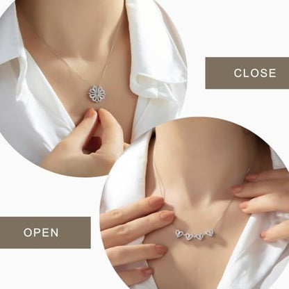 Four Leaf Clover Necklace Foldable for Women,925 Sterling SIlver Bling zircon stone Four Heart Grass Women's Necklaces Crocker ,Retro Magnetic Folding Love Heart Pendant One Style,Two Wearing Methods - color: Silver