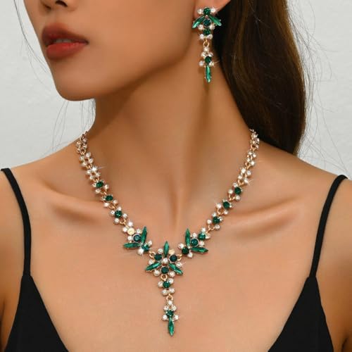 Wedding Jewelry Sets for Brides Rhinestone Necklace and Earring Set Bracelet Ring Gold Silver Prom Jewelry Sets Diamond Flower Teardrop Necklace for Women - color: Style5-Green
