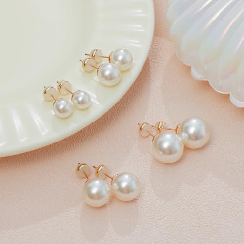 4 Pairs Pearl Stud Earrings Sterling Silver Earring Set | 14K Plated Gold Hypoallergenic Earring stud Large size Round pearl 8mm-14mm Set Earrings for women - style: Round-4 Pairs